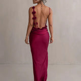 Women's Evening Prom Gown Dress - Satin Floor-Length - Backless Floral Appliqué - Form-Fitting