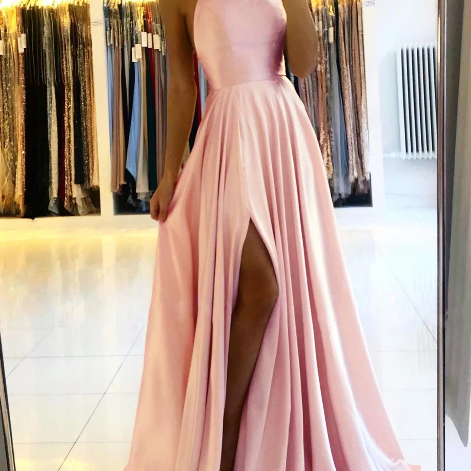 Women's Evening Prom Gown - Floor-Length Satin - Spaghetti Straps - Square Neck - High Slit