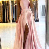 Women's Evening Prom Gown - Floor-Length Satin - Spaghetti Straps - Square Neck - High Slit