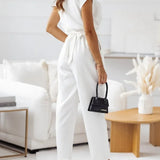 Women's Jumpsuit - Wrap V-Neck - Short Sleeve - Belted Waist - Tailored Fit