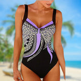 Women’s One-Piece Swimsuit – Form-Fitting – Wide Straps – Geometric Pattern – Stretch Fabric
