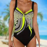 Women’s One-Piece Swimsuit – Form-Fitting – Wide Straps – Geometric Pattern – Stretch Fabric