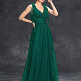 Women's Evening Prom Gown - V-Neck Sleeveless - Glitter Embellished - Floor-Length Elegant Dress