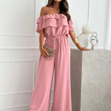Women's Off-the-Shoulder Jumpsuit - Ruffled Neckline - Wide-Leg - Elastic Waist