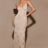 Women's Evening Prom Gown - Sleeveless Spaghetti Straps - V-Neck Floral Embellished Elegant Wear