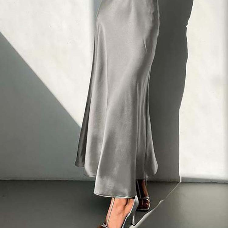 Women's Satin Midi Skirt - Elegant Flowing A-Line - Smooth Glossy Finish