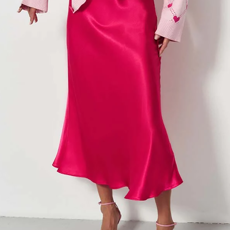 Women's Satin Midi Skirt - Elegant Flowing A-Line - Smooth Glossy Finish