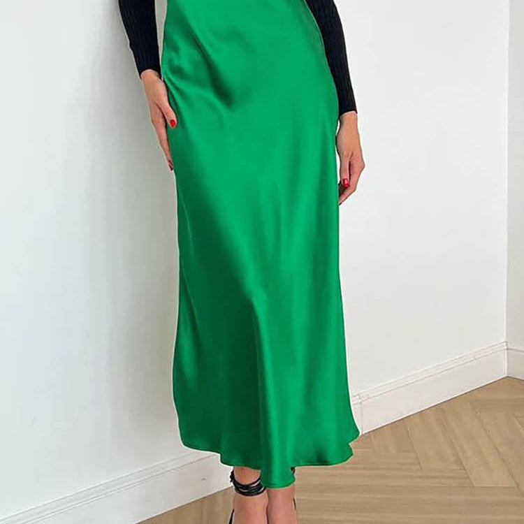 Women's Satin Midi Skirt - Elegant Flowing A-Line - Smooth Glossy Finish