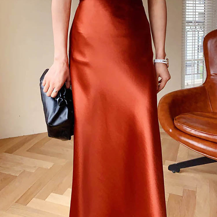 Women's Satin Midi Skirt - Elegant Flowing A-Line - Smooth Glossy Finish