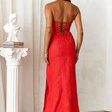 Women's Strapless Evening Prom Gown - Corset Bodice - Sweetheart Neckline - High Slit