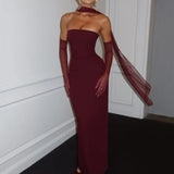 Women's Evening Prom Dress - Strapless Floor-Length - Column Silhouette - Halter Scarf Detail