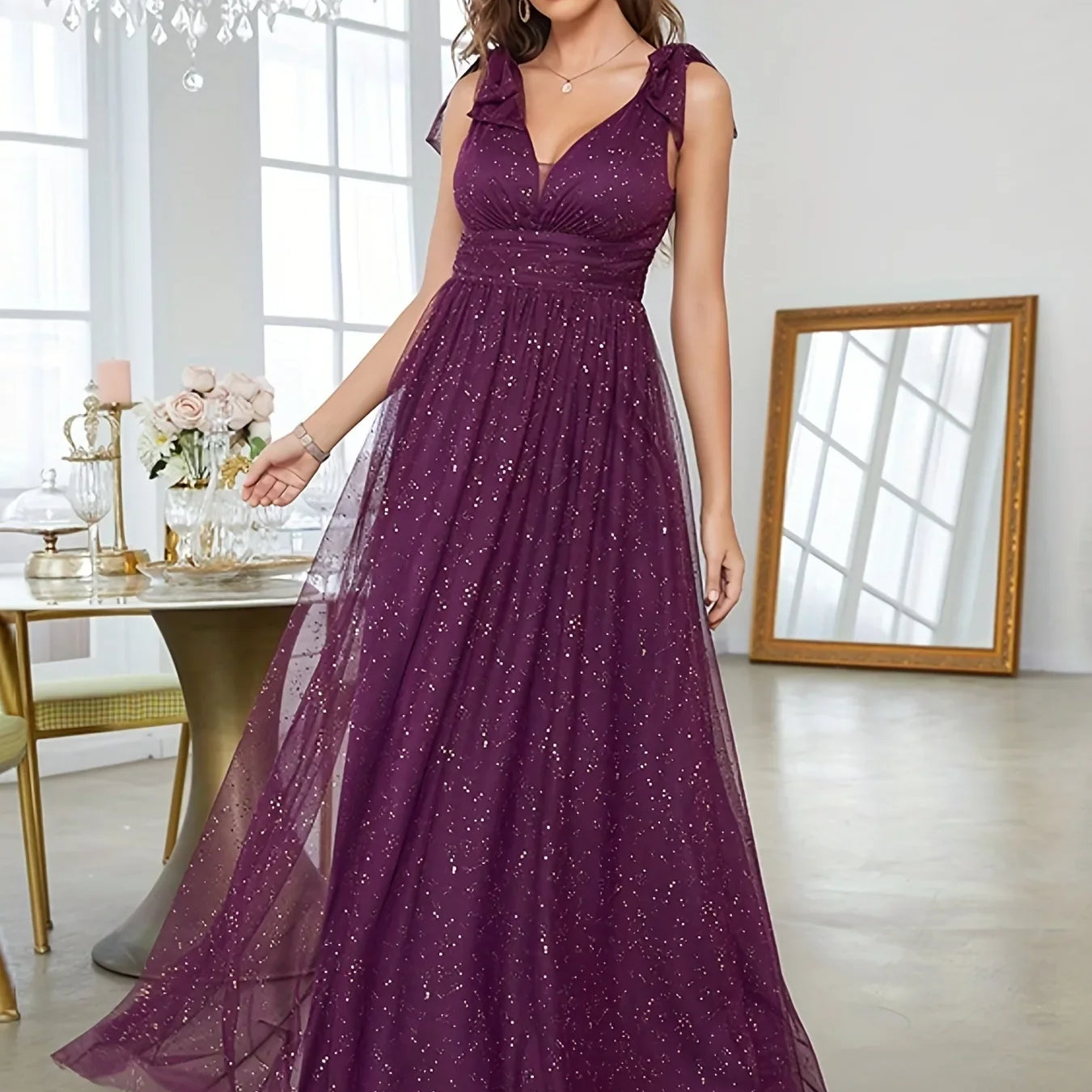 Women's Evening Prom Gown - V-Neck Sleeveless - Glitter Embellished - Floor-Length Elegant Dress