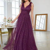 Women's Evening Prom Gown - V-Neck Sleeveless - Glitter Embellished - Floor-Length Elegant Dress