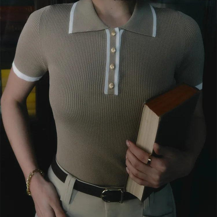 Thea | Knitted Polo Shirt - Ribbed Stretch Fabric