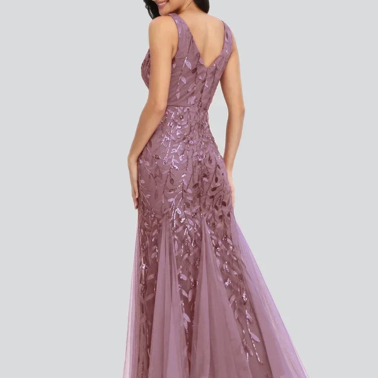 Women's Evening Prom Gown - Sleeveless V-Neck - Sequin Embellished - Floor-Length Elegant Fit