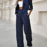 Women’s Pinstripe 2 Piece Pantsuit - Cropped Blazer & Wide Leg Trousers