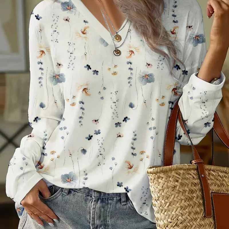 Women's V-Neck Floral Blouse - Elegant and Lightweight