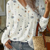 Women’s Blouse – Relaxed Fit – Long Sleeve – V-Neck – Floral Pattern – Breathable Blend