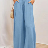 Women's Palazzo Trousers - High Waist - Wide Leg - Elastic Drawstring - Full Length
