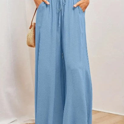 Women's Palazzo Trousers - High Waist - Wide Leg - Elastic Drawstring - Full Length