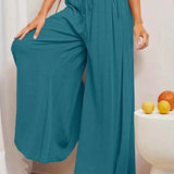 Women's Palazzo Trousers - High Waist - Wide Leg - Elastic Drawstring - Full Length