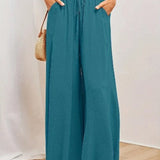 Women's Palazzo Trousers - High Waist - Wide Leg - Elastic Drawstring - Full Length