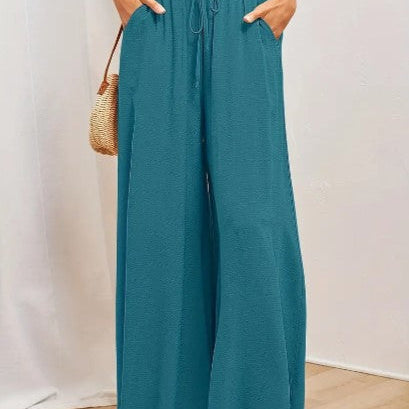 Women's Palazzo Trousers - High Waist - Wide Leg - Elastic Drawstring - Full Length