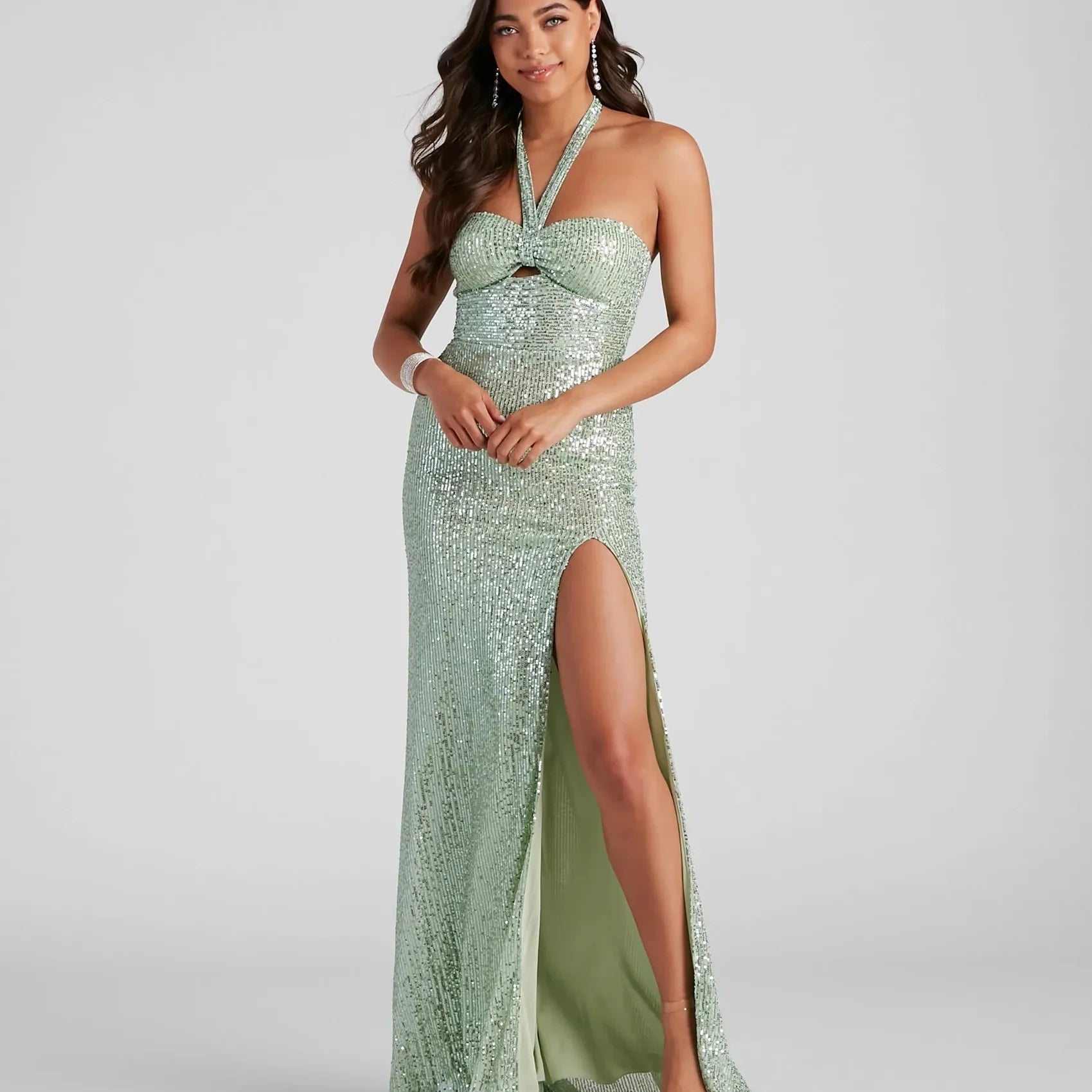 Women's Evening Prom Gown - Sequin Halter Neck - Cut-Out Bodice - High Slit Floor-Length