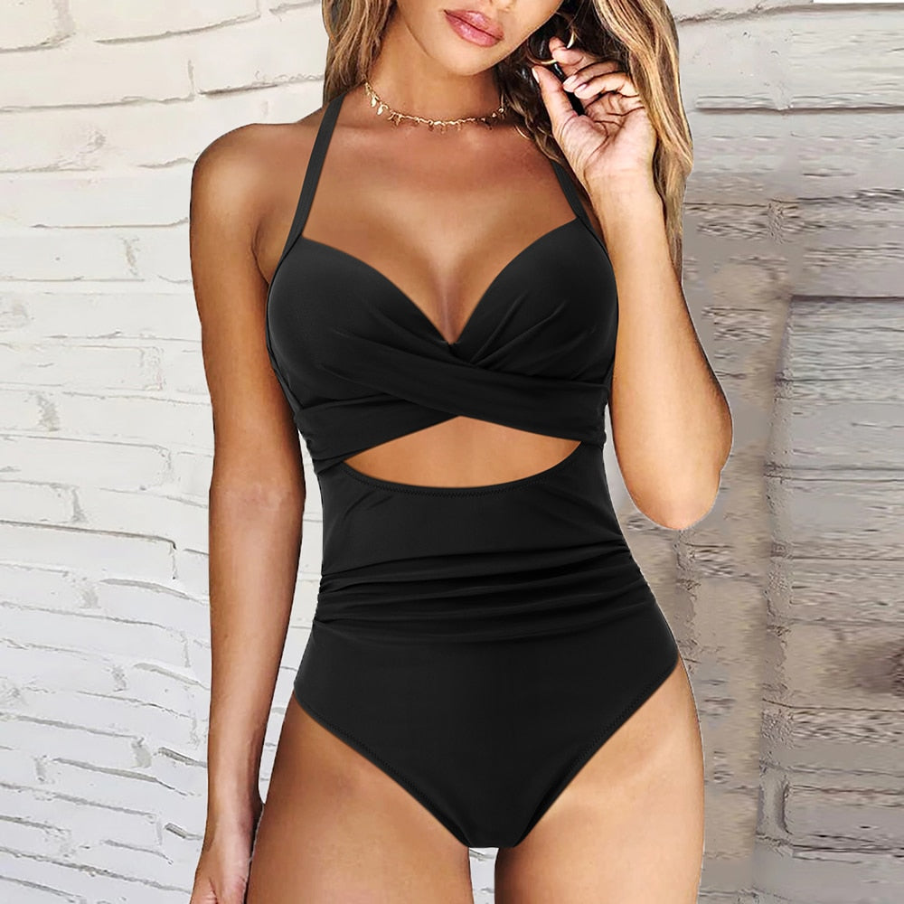 Women’s One-Piece Swimsuit – Push-Up Bust – Halter Neck – High Waist Cut-Out Design