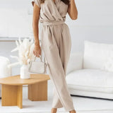 Women's Jumpsuit - Wrap V-Neck - Short Sleeve - Belted Waist - Tailored Fit