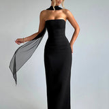 Women's Evening Prom Dress - Strapless Floor-Length - Column Silhouette - Halter Scarf Detail
