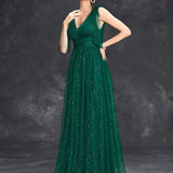 Women's Evening Prom Gown - V-Neck Sleeveless - Glitter Embellished - Floor-Length Elegant Dress