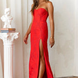 Women's Strapless Evening Prom Gown - Corset Bodice - Sweetheart Neckline - High Slit