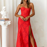 Women's Strapless Evening Prom Gown - Corset Bodice - Sweetheart Neckline - High Slit