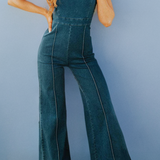 Women's Denim Jumpsuit - Sleeveless Notch Neck - Wide Leg Tailored Fit