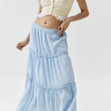 Women's Maxi Skirt - Tiered Flowy Design - Lightweight Cotton Linen - Elastic Waist
