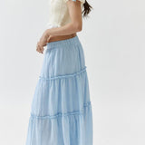 Women's Maxi Skirt - Tiered Flowy Design - Lightweight Cotton Linen - Elastic Waist