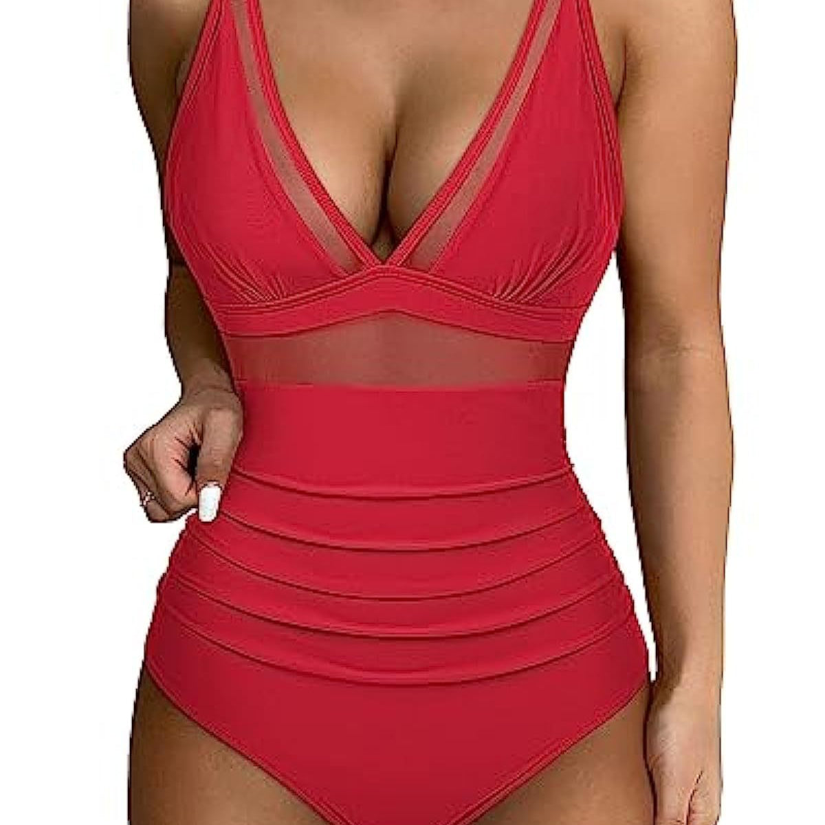 Women’s Swimsuit – Fitted One-Piece – Plunging Neckline – Mesh Panels – High-Cut Leg