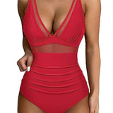 Women’s Swimsuit – Fitted One-Piece – Plunging Neckline – Mesh Panels – High-Cut Leg