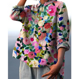 Women’s Blouse – Relaxed Fit – Floral Print – Natural Fibers – Button Front Collar