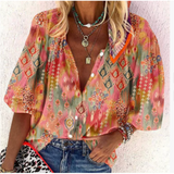Women’s Blouse – Relaxed Fit – Short Puff Sleeve – V-Neck Button Front – Breathable Blend