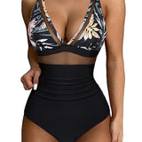 Women’s Swimsuit – Fitted One-Piece – Plunging Neckline – Mesh Panels – High-Cut Leg