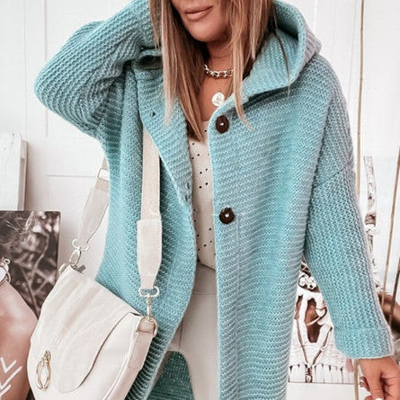 Knitted Hoodie Cardigan with Buttons | Warm Winter Long-Sleeve Sweater Coat
