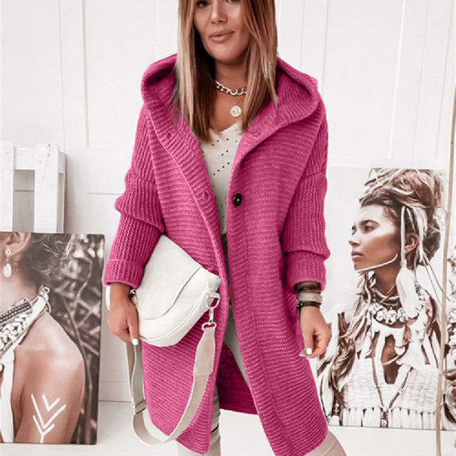 Knitted Hoodie Cardigan with Buttons | Warm Winter Long-Sleeve Sweater Coat