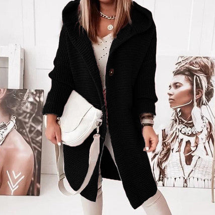 Knitted Hoodie Cardigan with Buttons | Warm Winter Long-Sleeve Sweater Coat