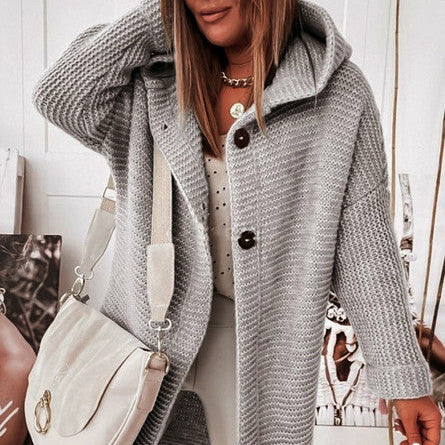 Knitted Hoodie Cardigan with Buttons | Warm Winter Long-Sleeve Sweater Coat
