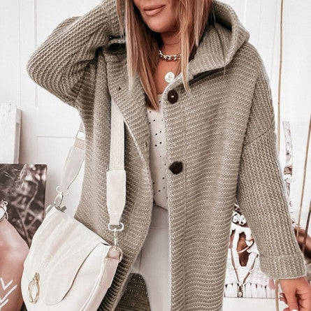 Knitted Hoodie Cardigan with Buttons | Warm Winter Long-Sleeve Sweater Coat