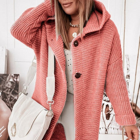Knitted Hoodie Cardigan with Buttons | Warm Winter Long-Sleeve Sweater Coat