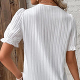 Women's Blouse - Lightweight Pleated Fabric - V-Neck Lace Detail - Short Puffed Sleeves