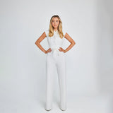 Women's Jumpsuit - Sleeveless High Neck - Fitted Bodice - Wide-Leg with Waist Tie